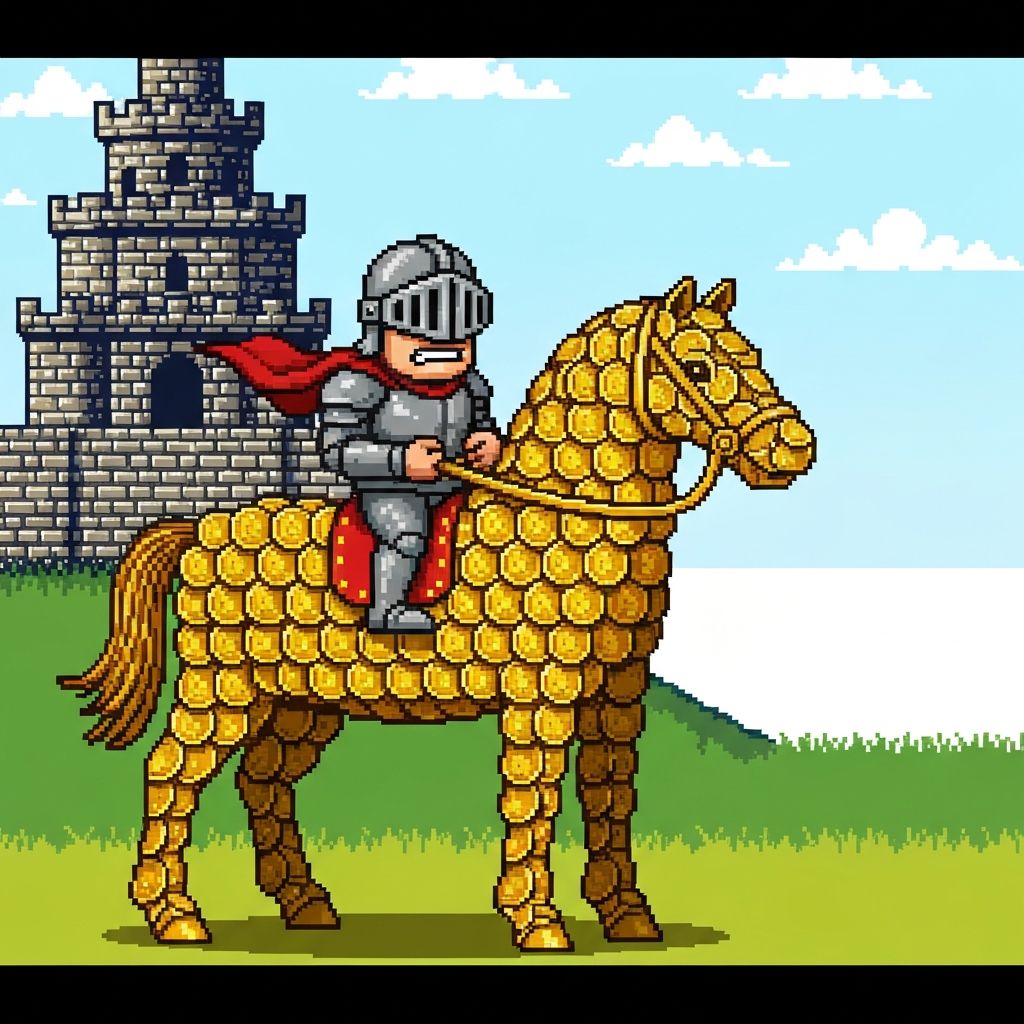 Pixel knight riding coin horse