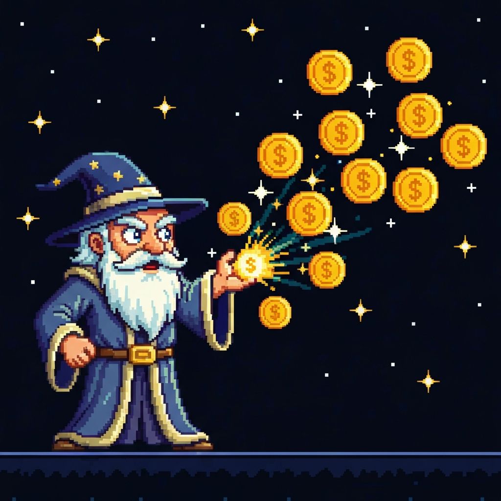 Pixel wizard shooting coins
